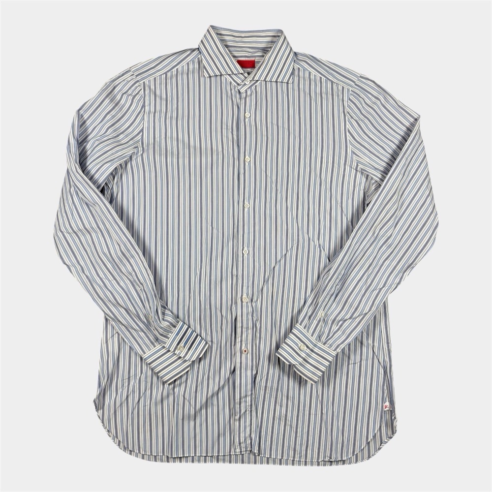 Isaia Napoli Button Down Dress Shirt Mens Size 16.5/42 Cotton Stripe Blue Italy